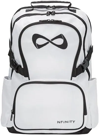 Nfinity Classic Cheer Backpack For Cheerleading With Detachable Purse, Bottle Holders, and Laptop Sleeve (White)