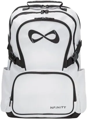 Nfinity Classic Cheer Backpack For Cheerleading With Detachable Purse, Bottle Holders, and Laptop Sleeve (White)