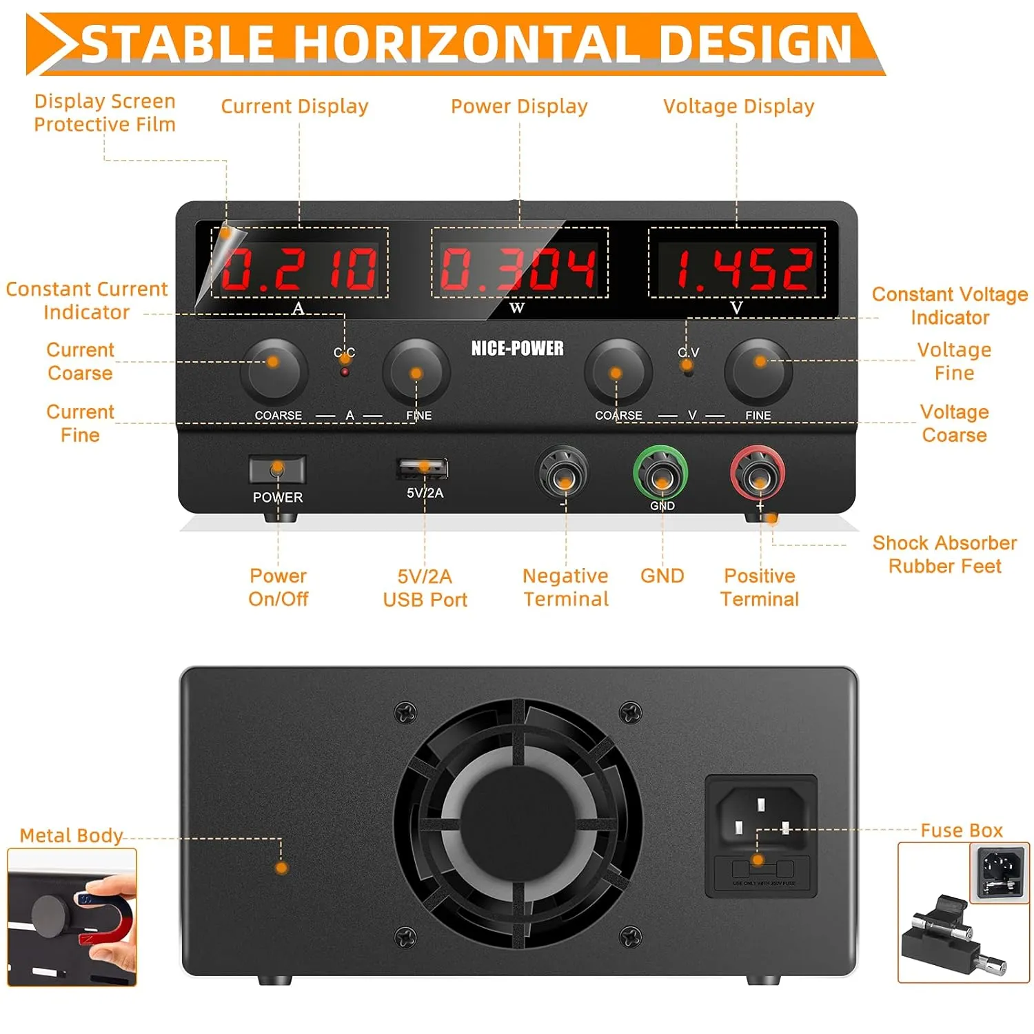NICE-POWER DC Power Supply Variable: 30V 10A Adjustable Switching Regulated High Precision 4-Digits LED Display 5V/2A USB Port Output & Input Power Cord Bench Lab Power Supplies