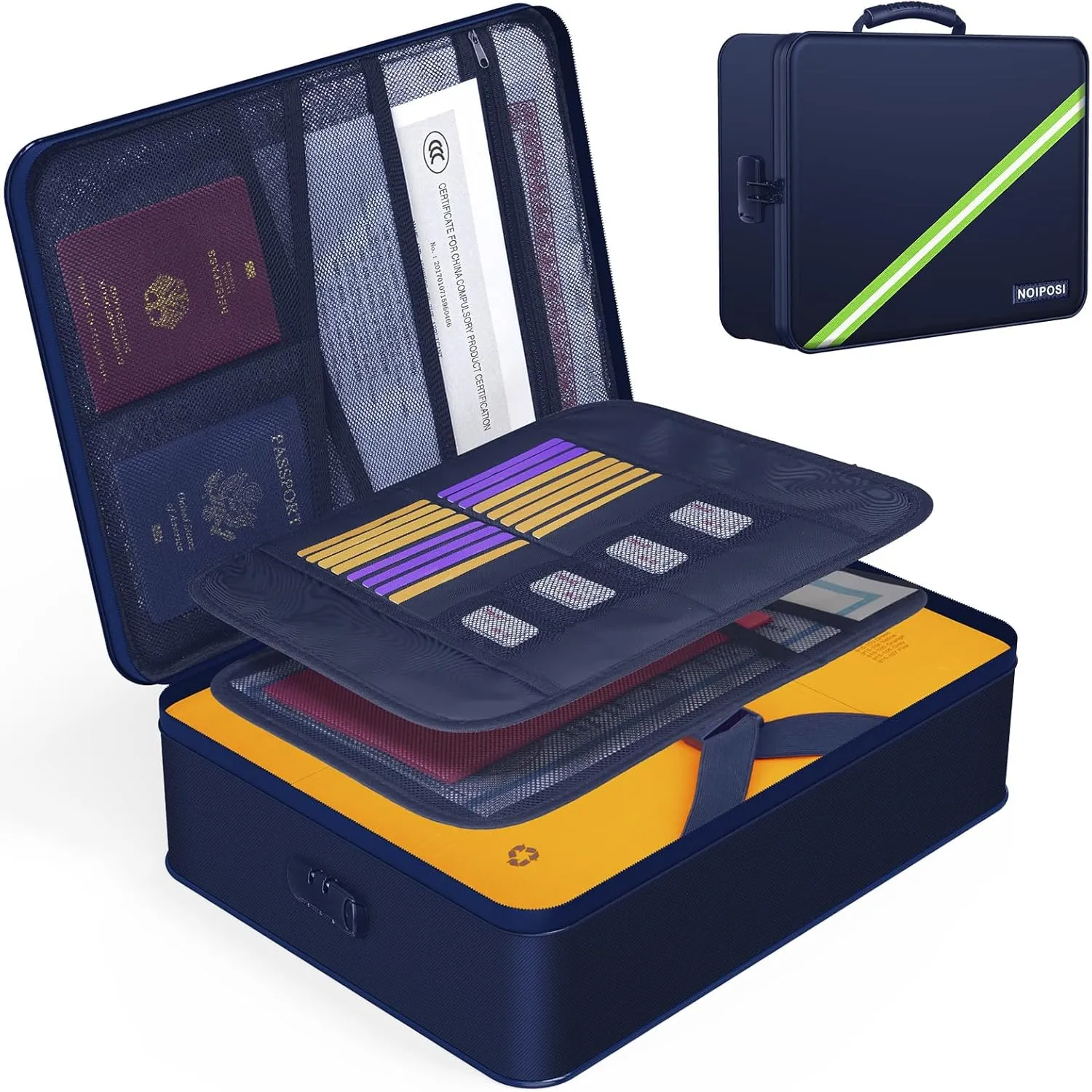 Noiposi Document Organizer with 5200℉ Heat Insulated,Waterproof and Fireproof Document Box,Portable Home Travel Safe Storage Box for Important Documents,File and Birth Certificate，Blue