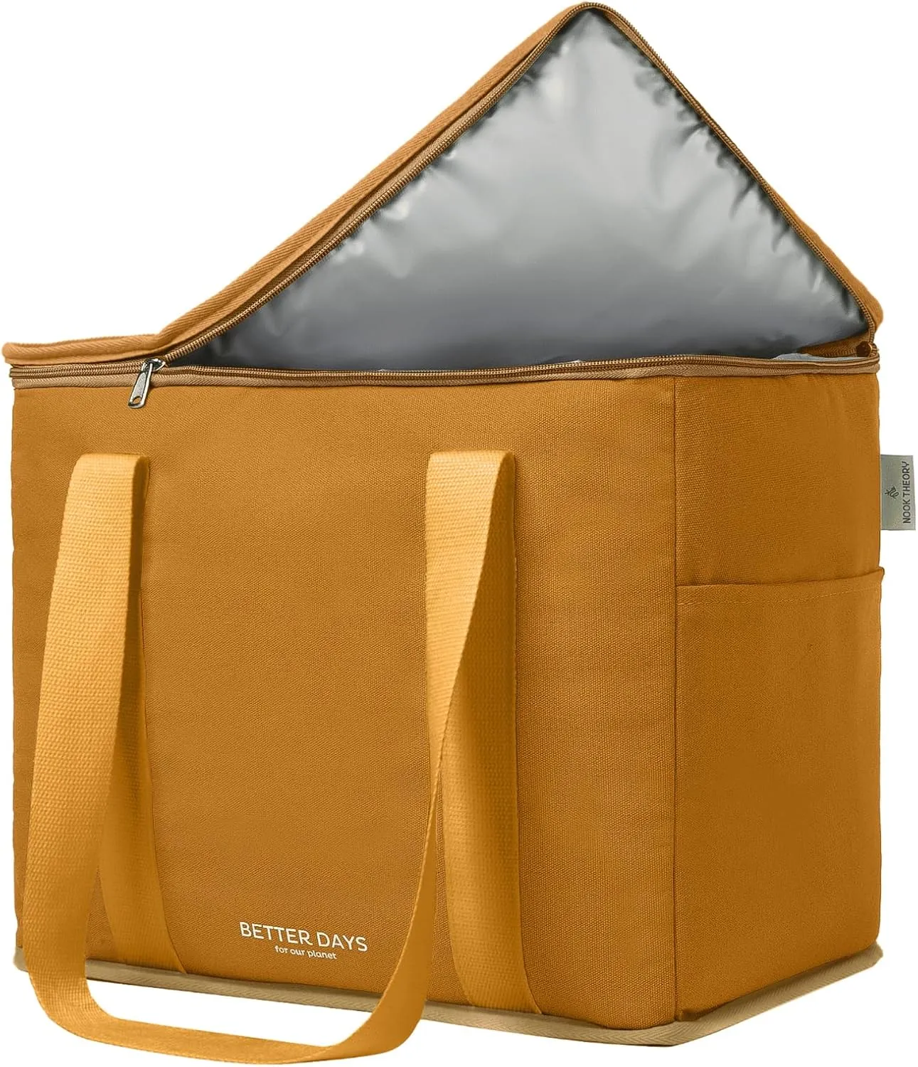 Nook Theory Reusable Insulated Grocery Bag - Leak Proof, X Large Insulated Cooler Bag - Insulated Shopping Bags for Groceries - Travel Cooler Bag for Frozen and Hot Food with Zippered Top (Caramel)