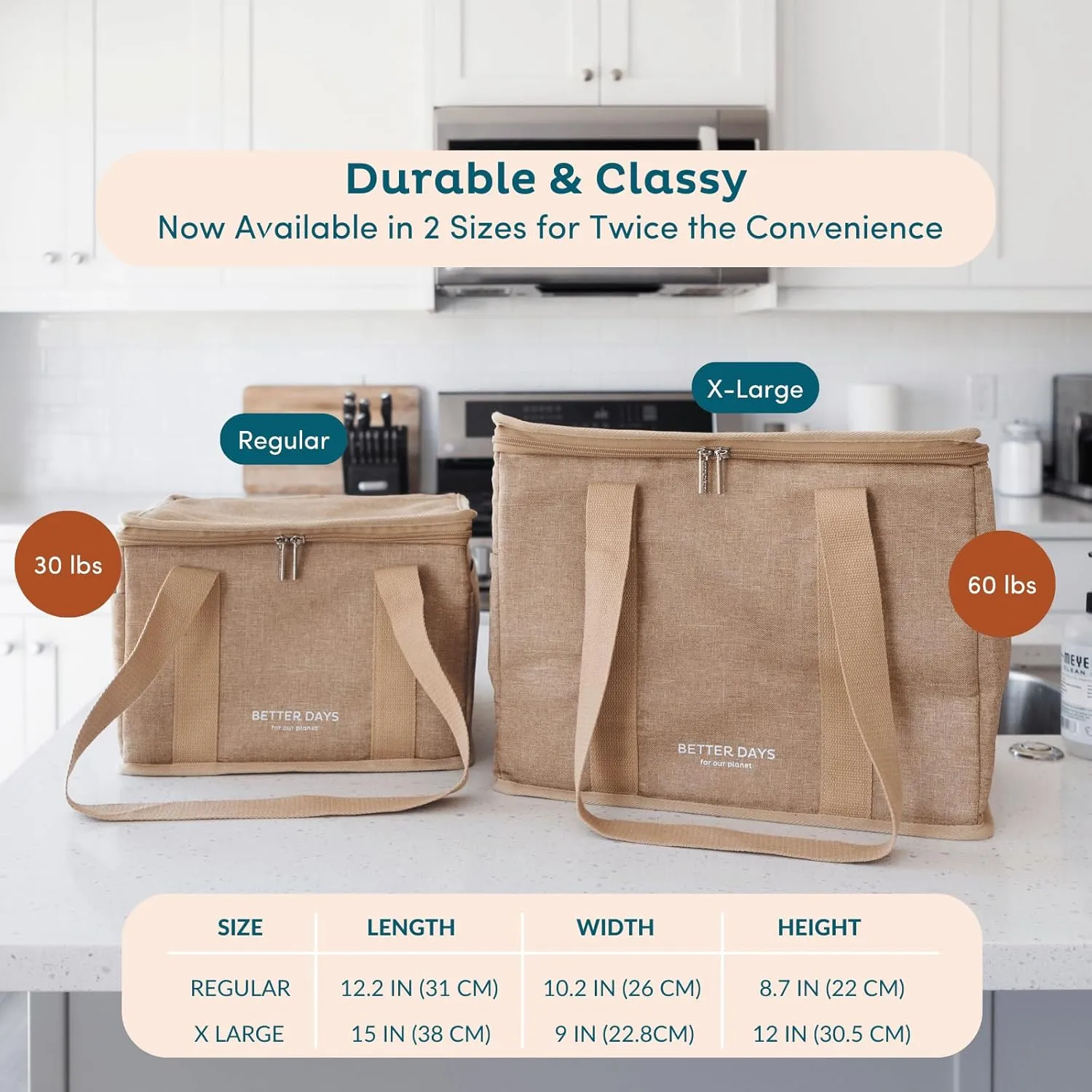 Nook Theory Reusable Insulated Grocery Bag - Leak Proof, X Large Insulated Cooler Bag - Insulated Shopping Bags for Groceries - Travel Cooler Bag for Frozen and Hot Food with Zippered Top (Caramel)
