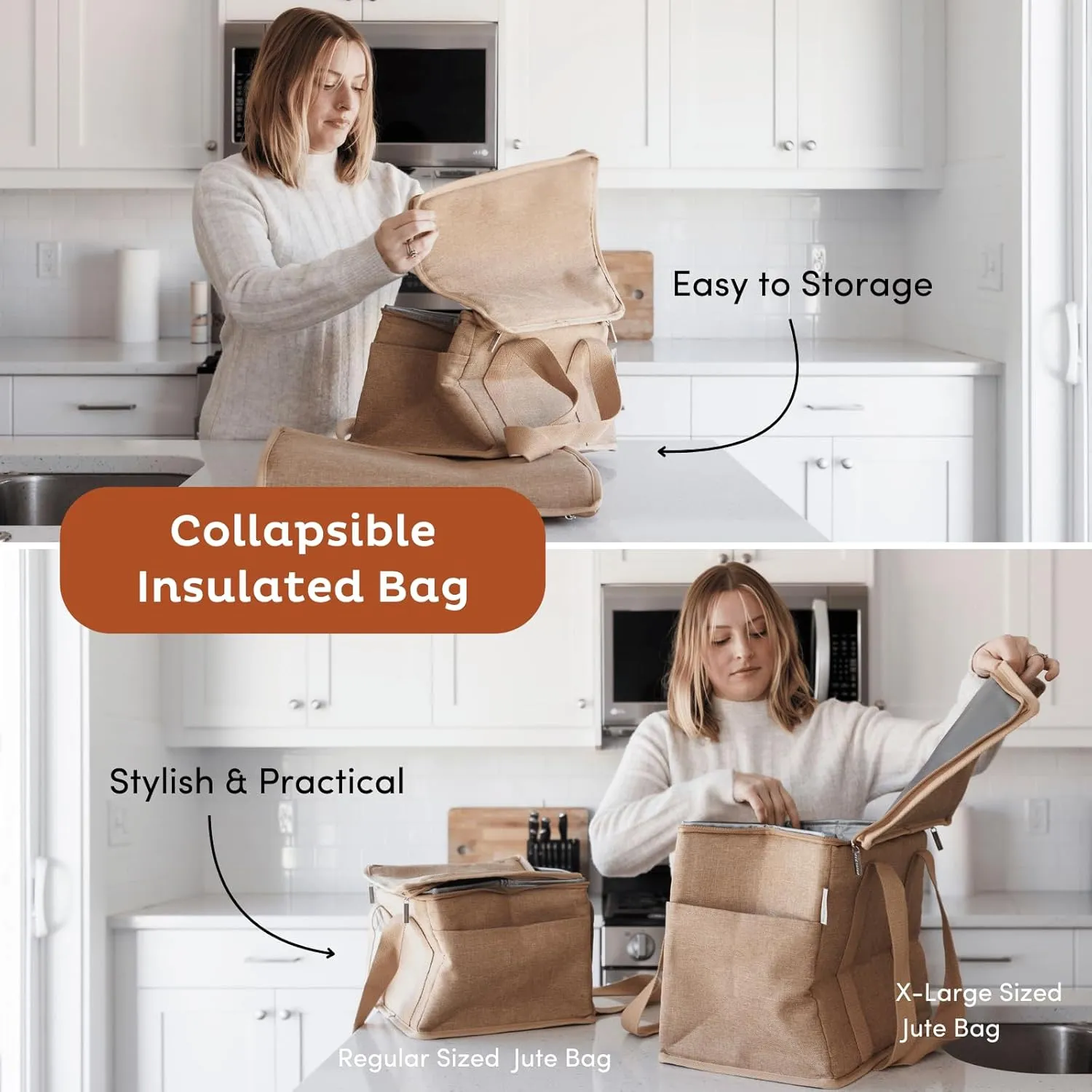 Nook Theory Reusable Insulated Grocery Bag - Leak Proof, X Large Insulated Cooler Bag - Insulated Shopping Bags for Groceries - Travel Cooler Bag for Frozen and Hot Food with Zippered Top (Caramel)