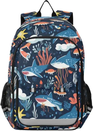Ocean Jellyfish Sharks Scallop Backpack for Boys Girls Elementary School Bag Kids Bookbag Travel Rucksack With Reflective Stripes