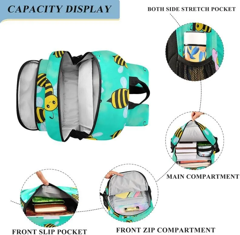 ODAWA Cute Bees School Back Pack Casual Daypack for Travel with Bottle Side Pockets Girls Boys Backpack