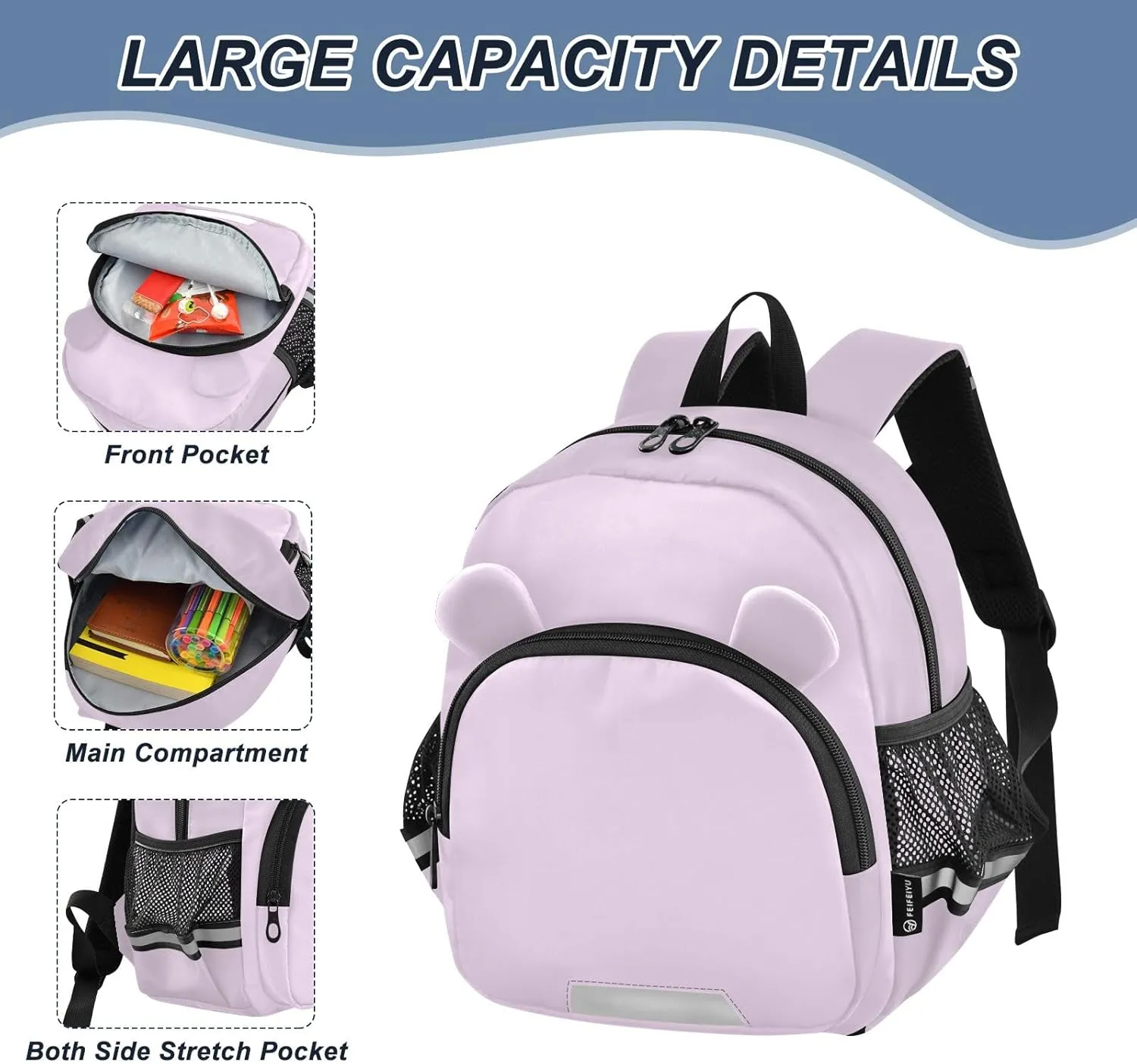 ODAWA Pail Lilac Backpacks for Kids with 3D Animal Ears, Lightweight and Safe Toddler Backpack for Girls