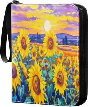 Oil Painting Sunflowers Card Binder 4-Pocket Leather Cover 400 Pockets Card Album Holder Removable Display Storage for Trading Cards, Game Cards, Collectibles