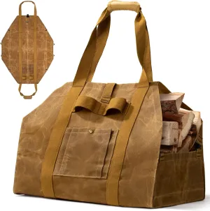 OneTigris Firewood Carrier, 2-in-1 Firewood Log Carrier Bag, Waxed Canvas Firewood Tote Carrier Extra Large Firewood Carriers with Handles for Fire Pit, Camping, Wood Stove, BBQ Barbecue