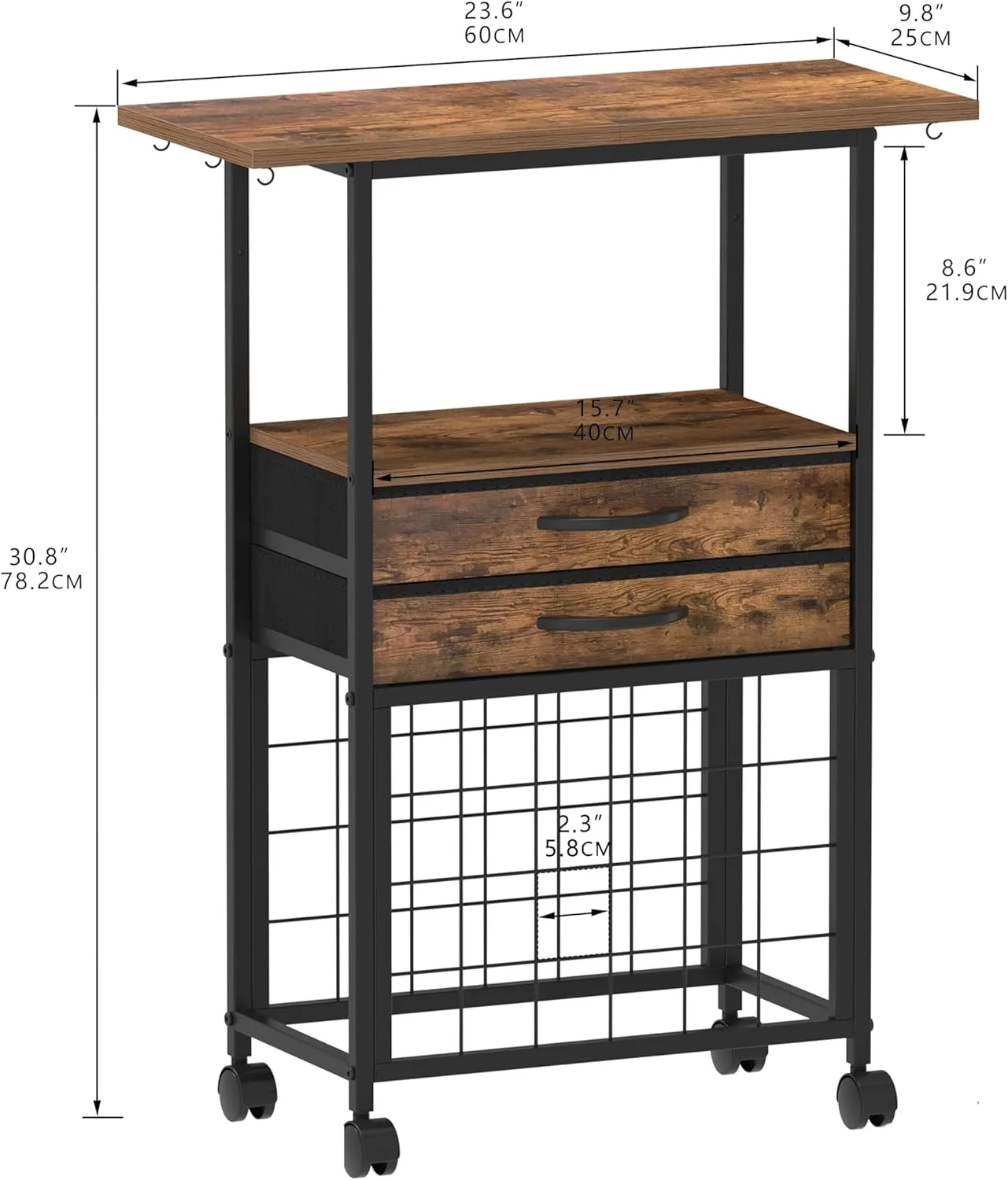 Organizer and Storage Stand Compatible with Cricut Machines,Rolling Storage Cart/Shelf with 24 Vinyl Roll Holders，2 Fabric Drawer,Accessories Holder,Tool Hook for Craft Room Home (Rustic Brown)