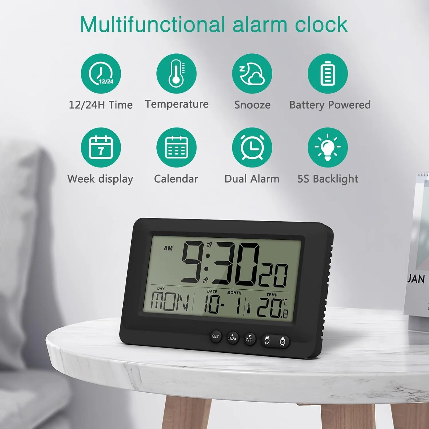 ORIA Travel Alarm Clock, Digital Alarm Clock with LCD Display, Battery Powered Desk Clock with Backlight, Date Week Temperature Display, Snooze, 12/24H, for Bedroom, Office, Travel, Black