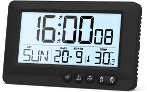 ORIA Travel Alarm Clock, Digital Alarm Clock with LCD Display, Battery Powered Desk Clock with Backlight, Date Week Temperature Display, Snooze, 12/24H, for Bedroom, Office, Travel, Black
