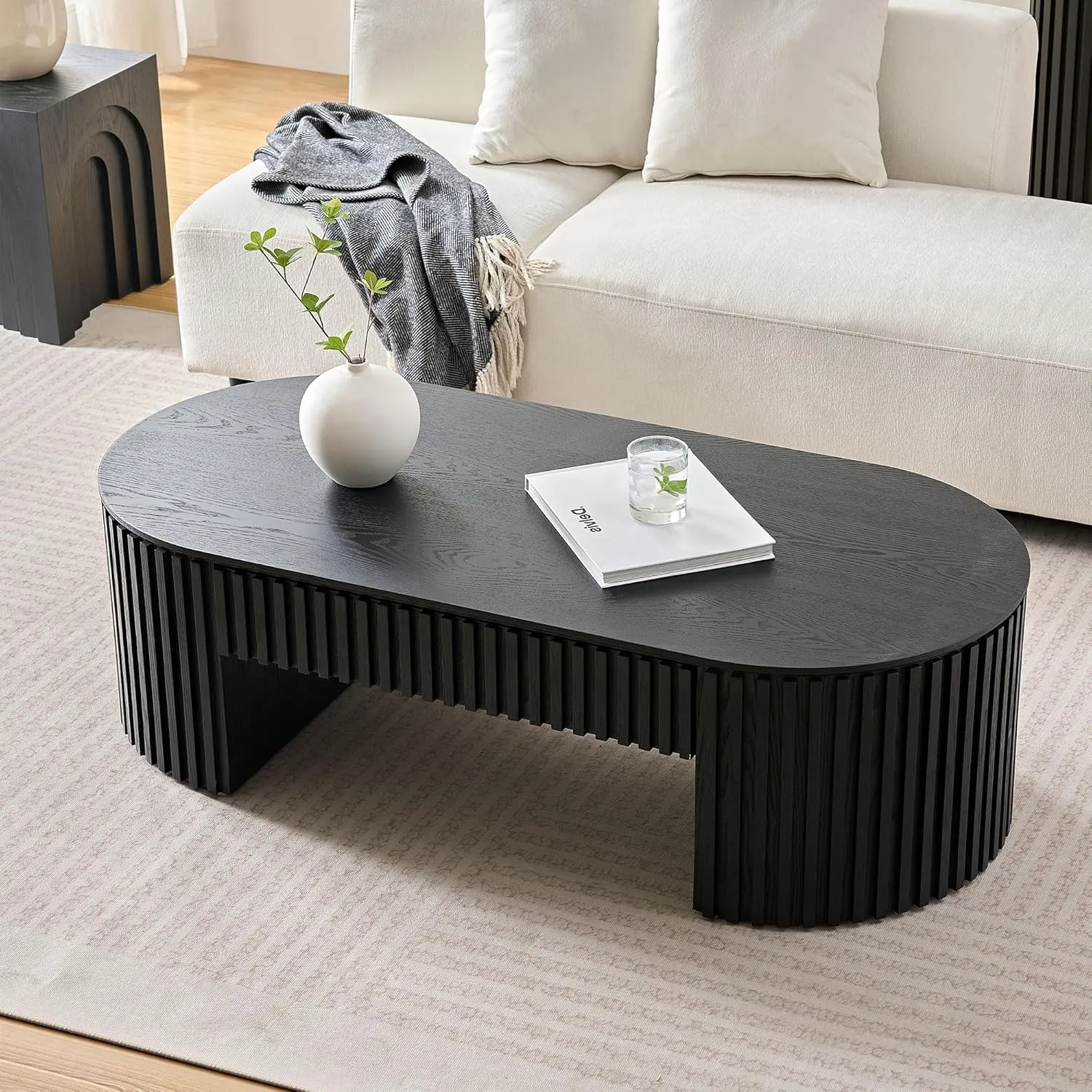 Oval Coffee Table, 51.18'' Wood Coffee Table with Drawer, Fluted Design, for Living Room, Small Spaces, No Assembly Required (Black)