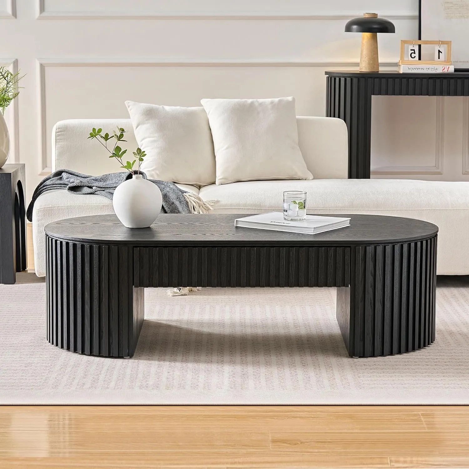 Oval Coffee Table, 51.18'' Wood Coffee Table with Drawer, Fluted Design, for Living Room, Small Spaces, No Assembly Required (Black)
