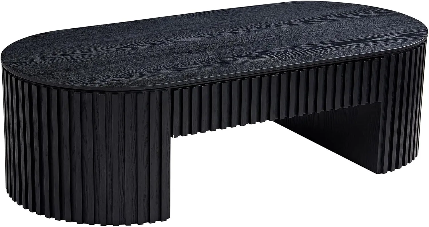 Oval Coffee Table, 51.18'' Wood Coffee Table with Drawer, Fluted Design, for Living Room, Small Spaces, No Assembly Required (Black)