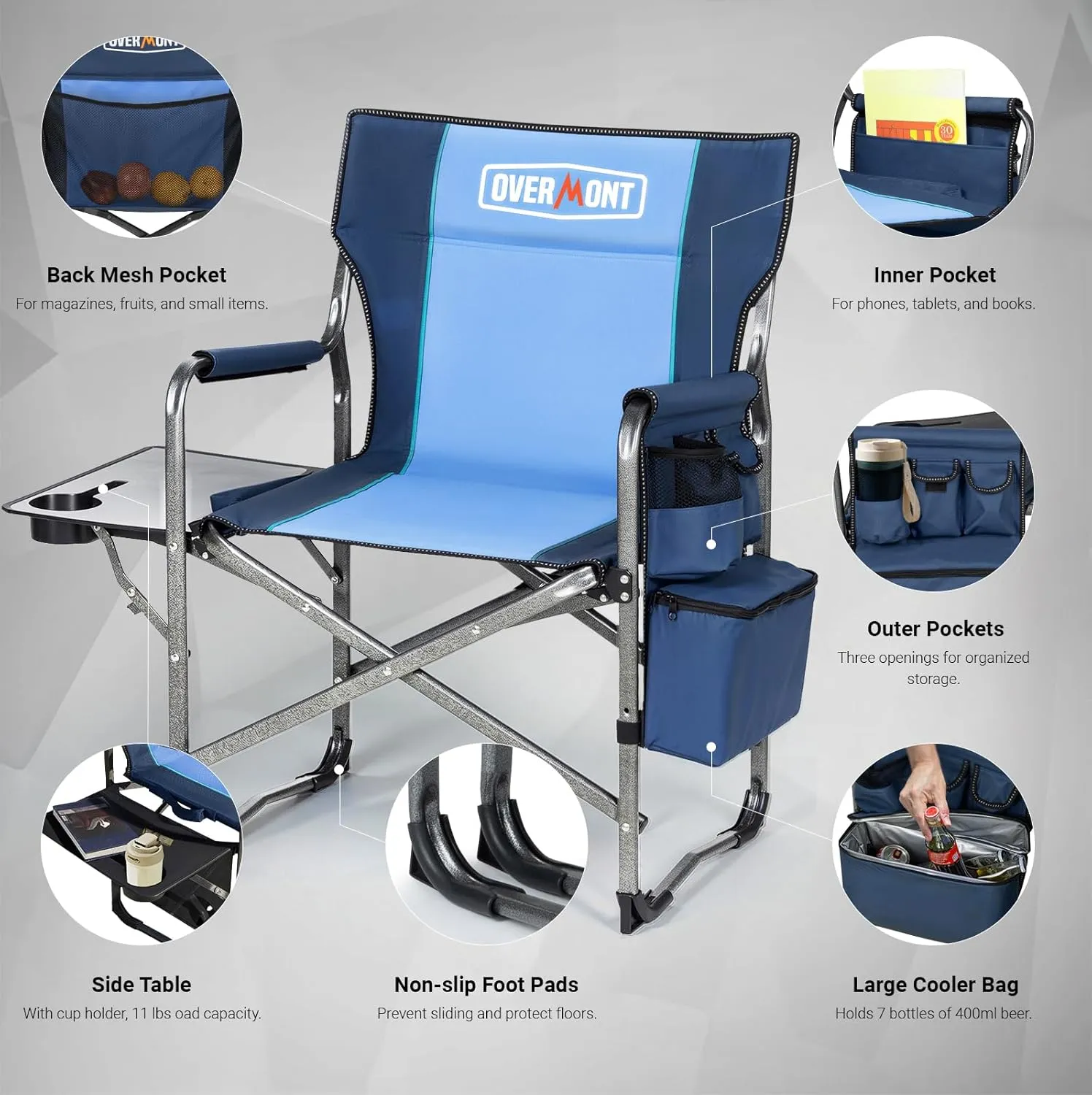 Overmont Oversized Lightweight Camping Chair - Comfortable Heavy Duty Foldable Directors Chairs with Side Table & Cooler Bag for Outside Camp Beach Picnic Lawn and Fishing Supports 400lbs