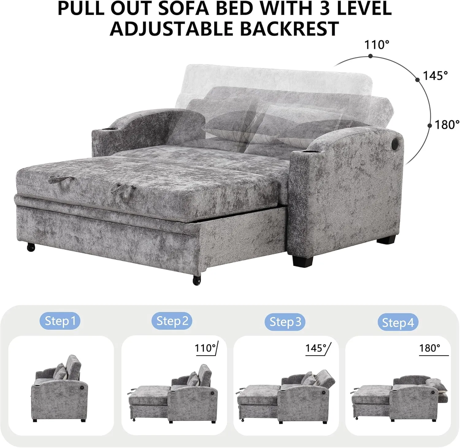 Oversized Loveseat Sofa with Pull Out Sleeper Couch Bed, Modern Chenille Upholstered Loveseat Futon Sofa Bed Convertible Sleeper Sofabed with Cupholders and USB Ports for Living Room Bedroom