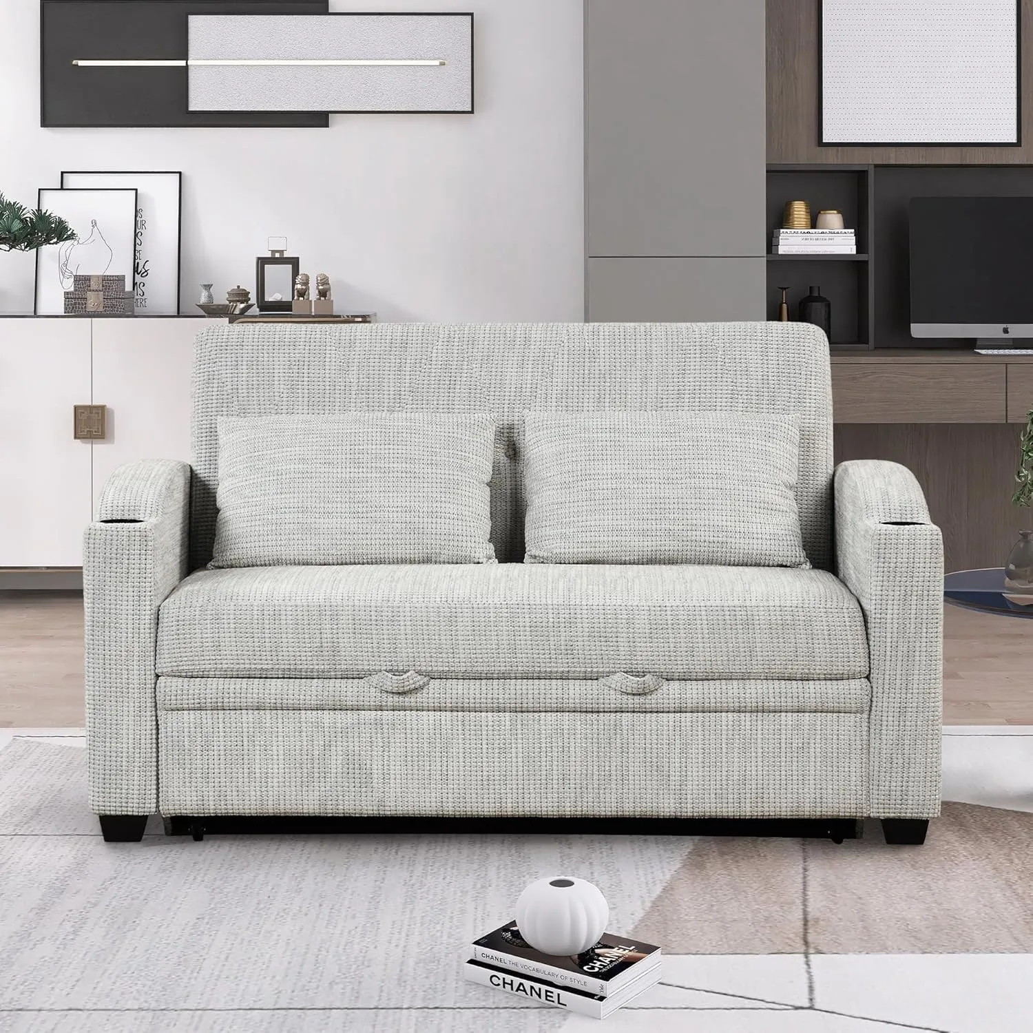 Oversized Loveseat Sofa with Pull Out Sleeper Couch Bed, Modern Chenille Upholstered Loveseat Futon Sofa Bed Convertible Sleeper Sofabed with Cupholders and USB Ports for Living Room Bedroom