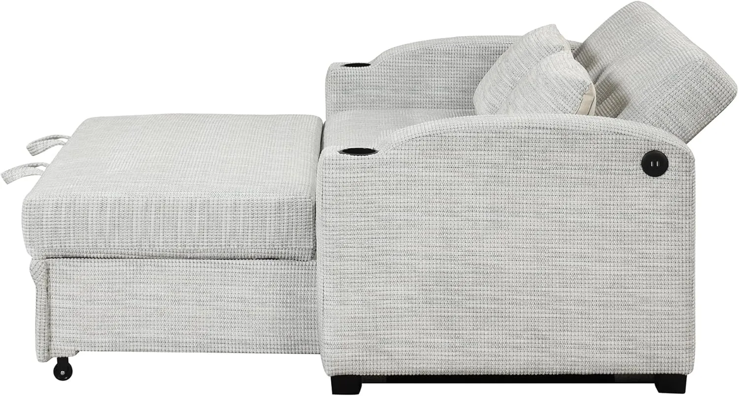 Oversized Loveseat Sofa with Pull Out Sleeper Couch Bed, Modern Chenille Upholstered Loveseat Futon Sofa Bed Convertible Sleeper Sofabed with Cupholders and USB Ports for Living Room Bedroom
