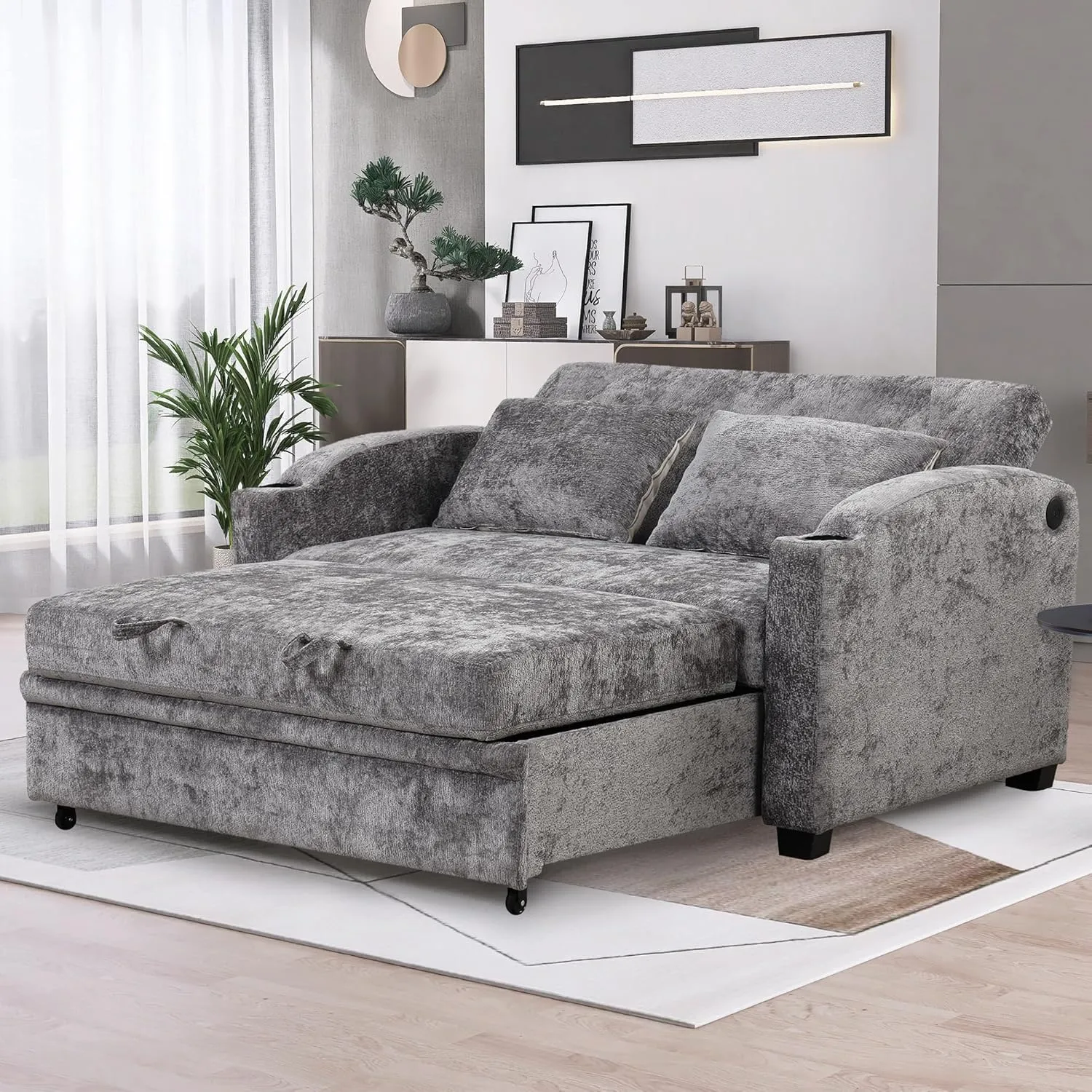 Oversized Loveseat Sofa with Pull Out Sleeper Couch Bed, Modern Chenille Upholstered Loveseat Futon Sofa Bed Convertible Sleeper Sofabed with Cupholders and USB Ports for Living Room Bedroom