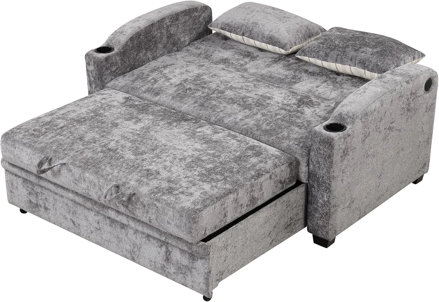Oversized Loveseat Sofa with Pull Out Sleeper Couch Bed, Modern Chenille Upholstered Loveseat Futon Sofa Bed Convertible Sleeper Sofabed with Cupholders and USB Ports for Living Room Bedroom