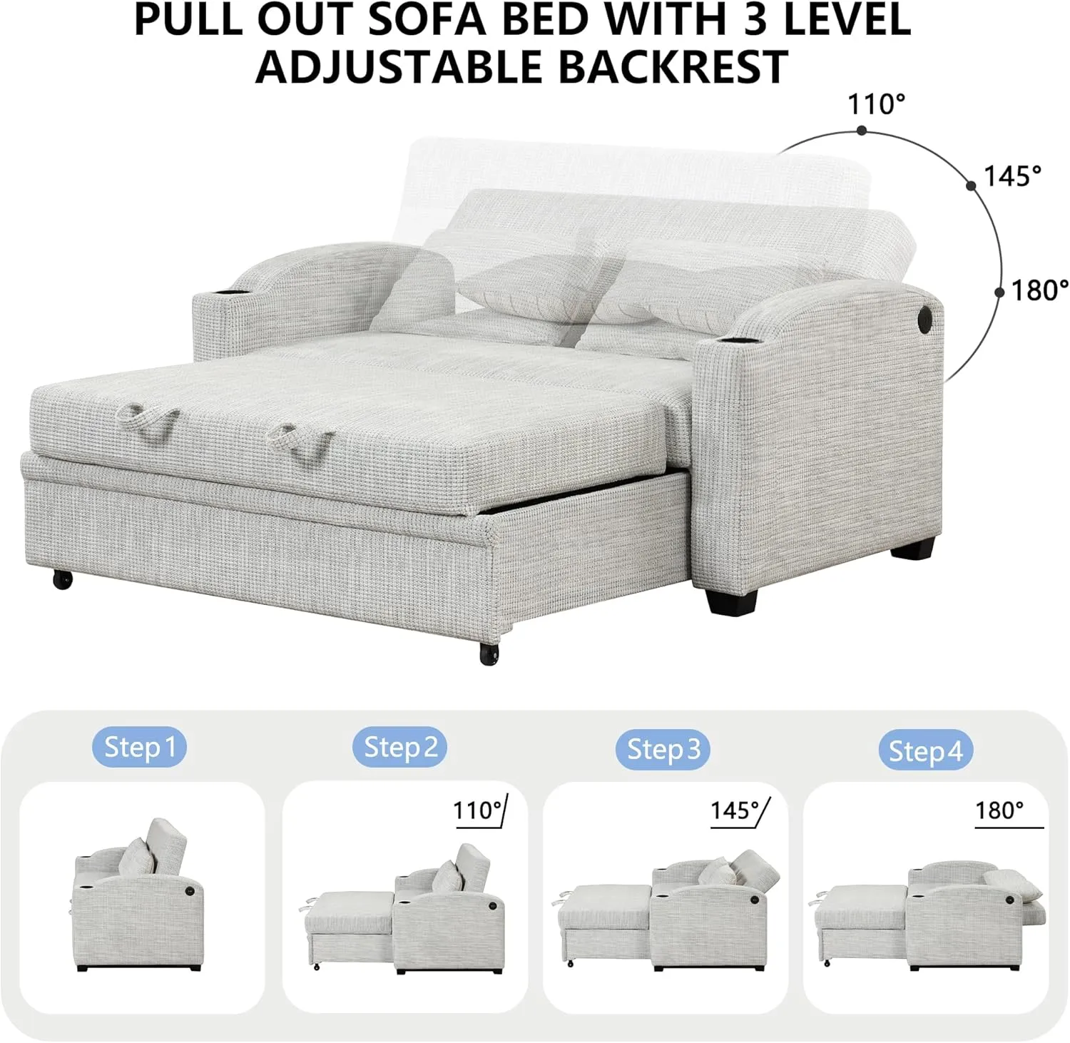 Oversized Loveseat Sofa with Pull Out Sleeper Couch Bed, Modern Chenille Upholstered Loveseat Futon Sofa Bed Convertible Sleeper Sofabed with Cupholders and USB Ports for Living Room Bedroom