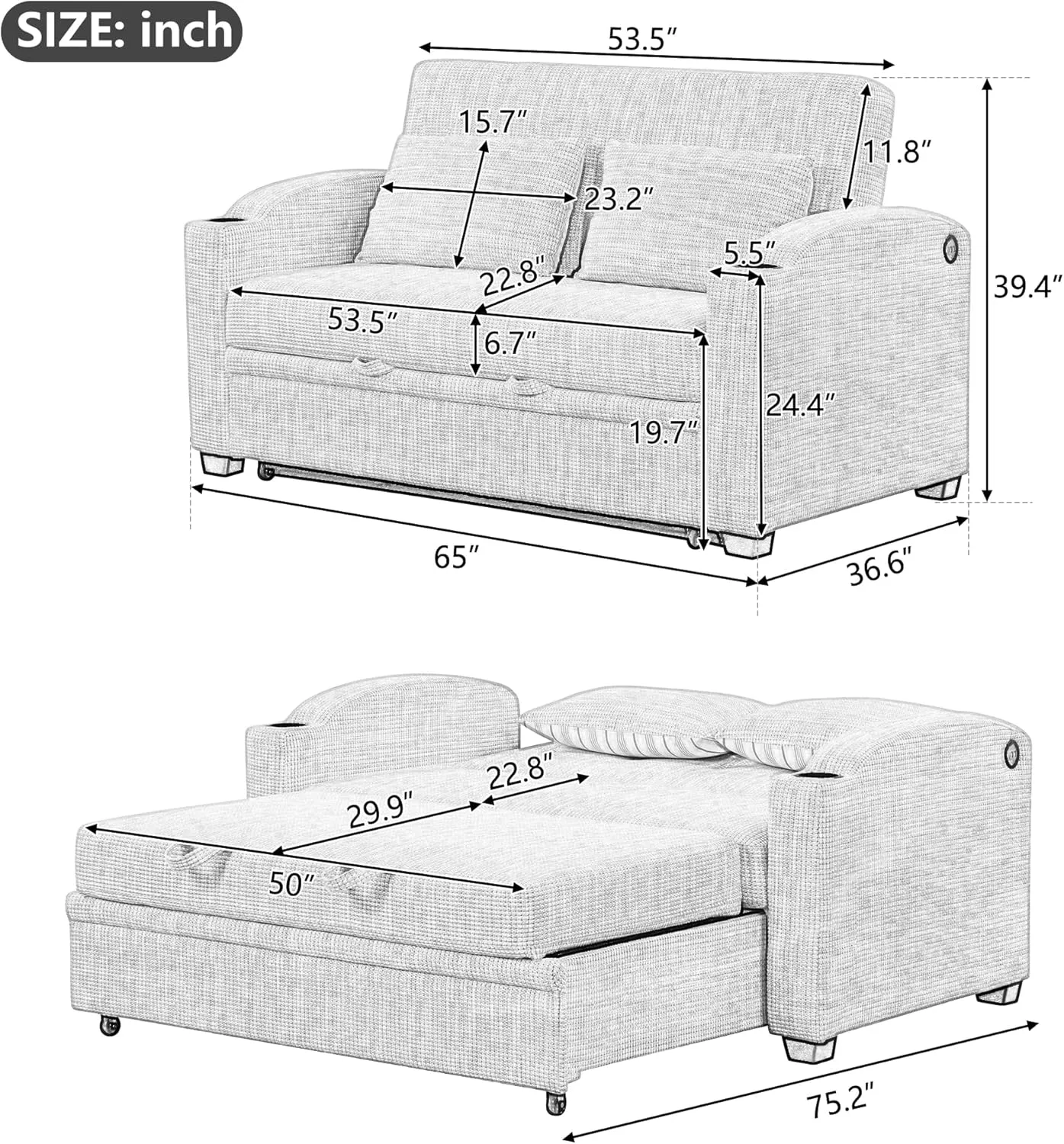 Oversized Loveseat Sofa with Pull Out Sleeper Couch Bed, Modern Chenille Upholstered Loveseat Futon Sofa Bed Convertible Sleeper Sofabed with Cupholders and USB Ports for Living Room Bedroom