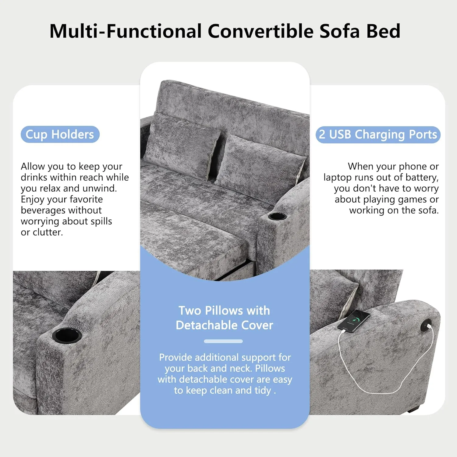 Oversized Loveseat Sofa with Pull Out Sleeper Couch Bed, Modern Chenille Upholstered Loveseat Futon Sofa Bed Convertible Sleeper Sofabed with Cupholders and USB Ports for Living Room Bedroom