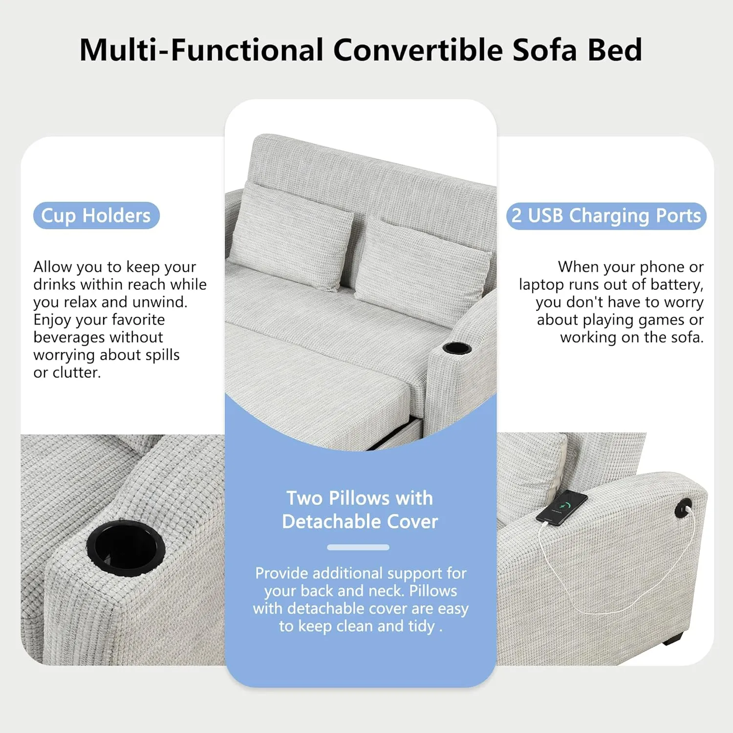 Oversized Loveseat Sofa with Pull Out Sleeper Couch Bed, Modern Chenille Upholstered Loveseat Futon Sofa Bed Convertible Sleeper Sofabed with Cupholders and USB Ports for Living Room Bedroom