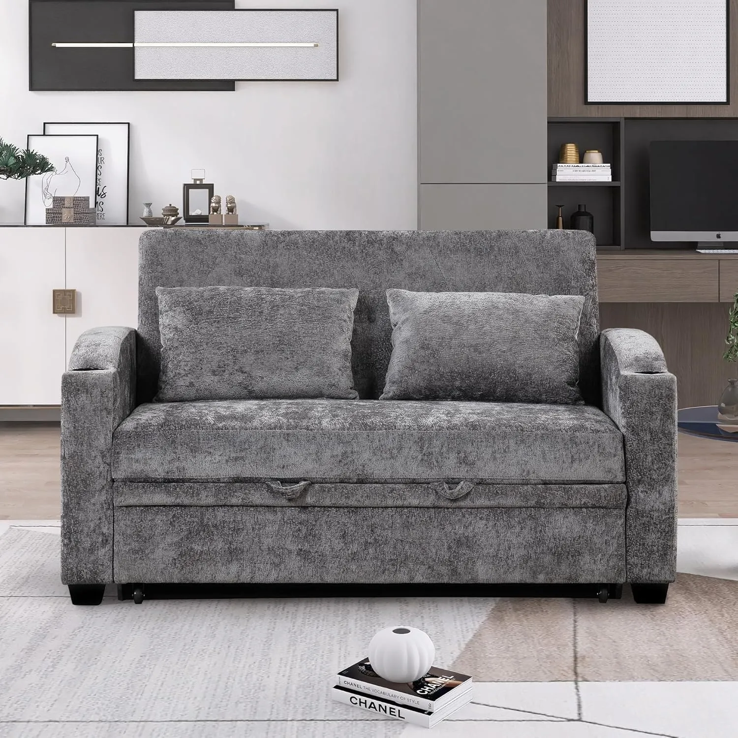 Oversized Loveseat Sofa with Pull Out Sleeper Couch Bed, Modern Chenille Upholstered Loveseat Futon Sofa Bed Convertible Sleeper Sofabed with Cupholders and USB Ports for Living Room Bedroom