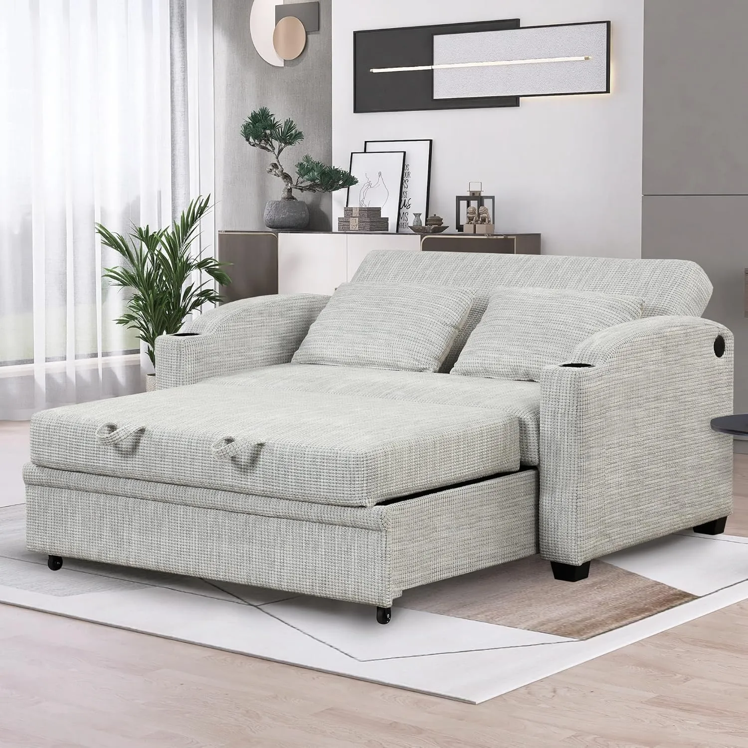 Oversized Loveseat Sofa with Pull Out Sleeper Couch Bed, Modern Chenille Upholstered Loveseat Futon Sofa Bed Convertible Sleeper Sofabed with Cupholders and USB Ports for Living Room Bedroom