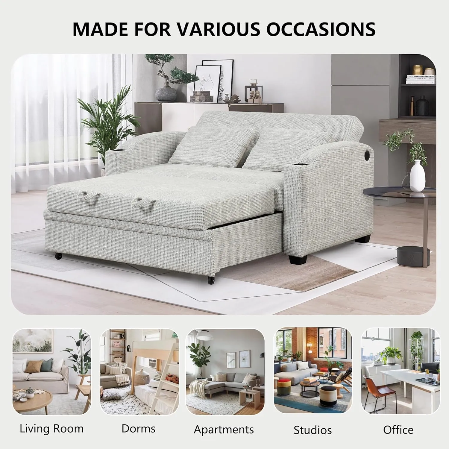 Oversized Loveseat Sofa with Pull Out Sleeper Couch Bed, Modern Chenille Upholstered Loveseat Futon Sofa Bed Convertible Sleeper Sofabed with Cupholders and USB Ports for Living Room Bedroom