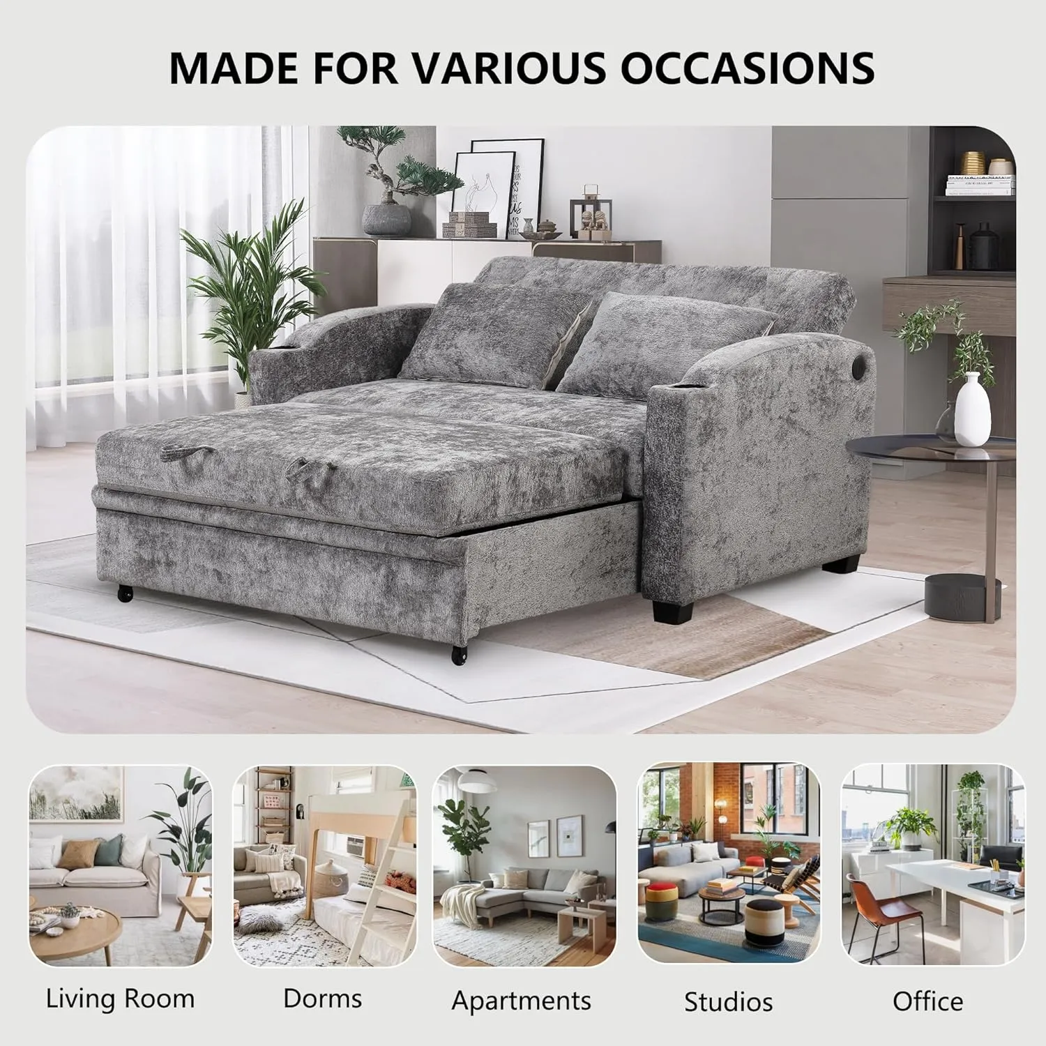 Oversized Loveseat Sofa with Pull Out Sleeper Couch Bed, Modern Chenille Upholstered Loveseat Futon Sofa Bed Convertible Sleeper Sofabed with Cupholders and USB Ports for Living Room Bedroom