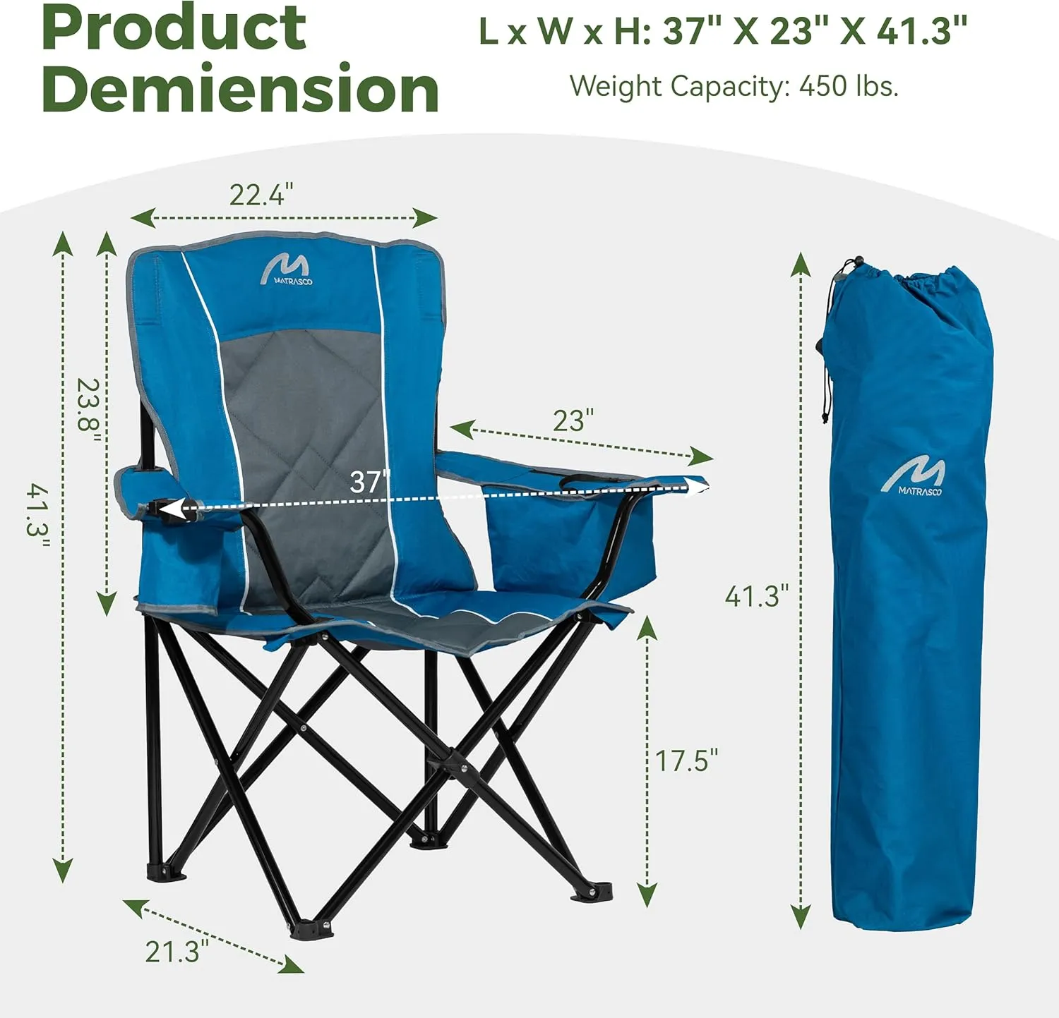 Oversized Padded Camping Chair, Heavy-Duty Steel Frame for 450 lbs Supports, Convenient 6-Can Cooler, Portable Carry Bag, Perfect for Outdoor, Beach, and Hiking (Blue & Gray)