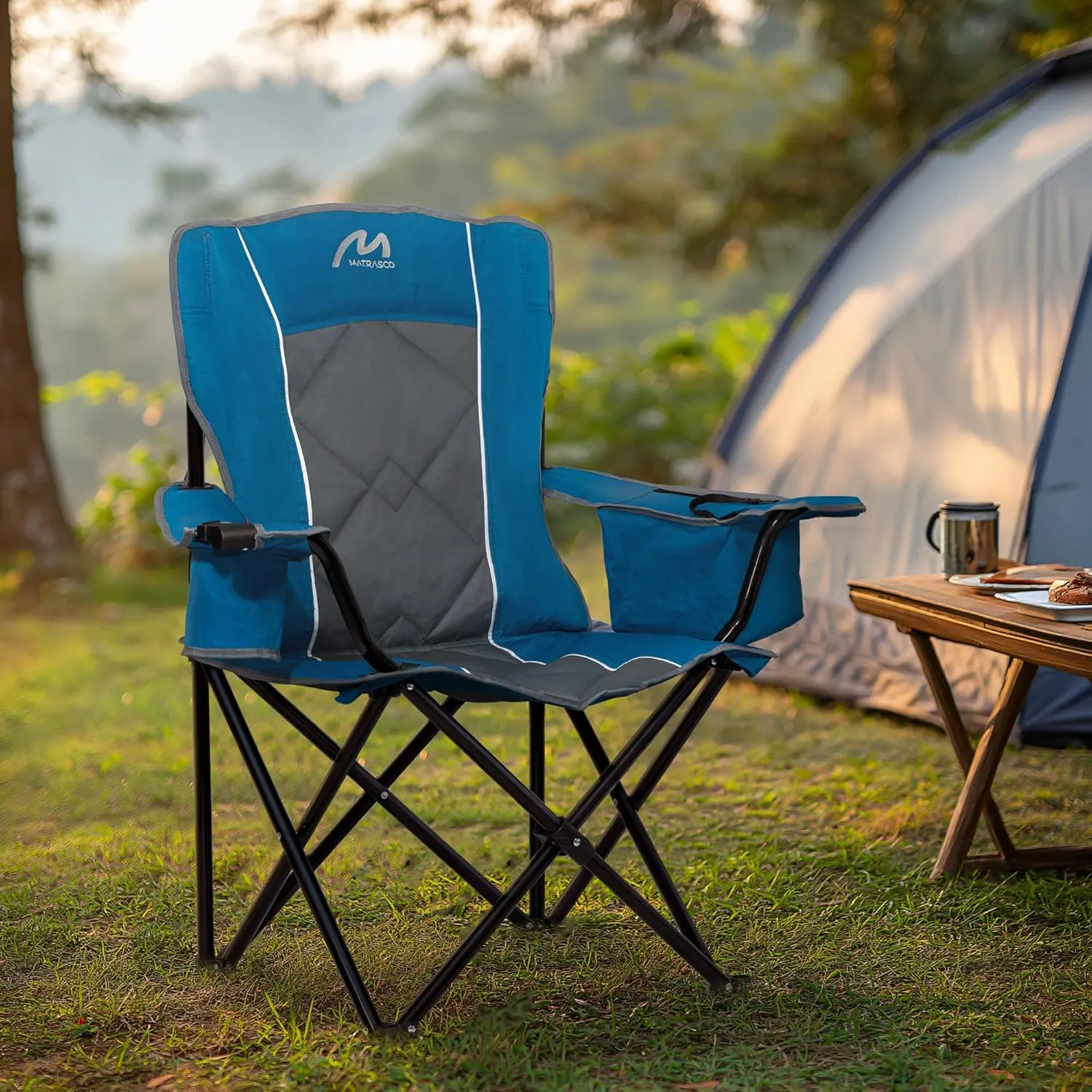Oversized Padded Camping Chair, Heavy-Duty Steel Frame for 450 lbs Supports, Convenient 6-Can Cooler, Portable Carry Bag, Perfect for Outdoor, Beach, and Hiking (Blue & Gray)