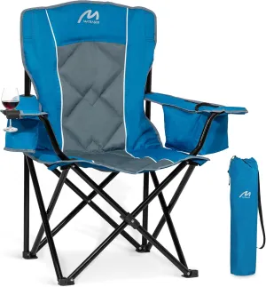 Oversized Padded Camping Chair, Heavy-Duty Steel Frame for 450 lbs Supports, Convenient 6-Can Cooler, Portable Carry Bag, Perfect for Outdoor, Beach, and Hiking (Blue & Gray)