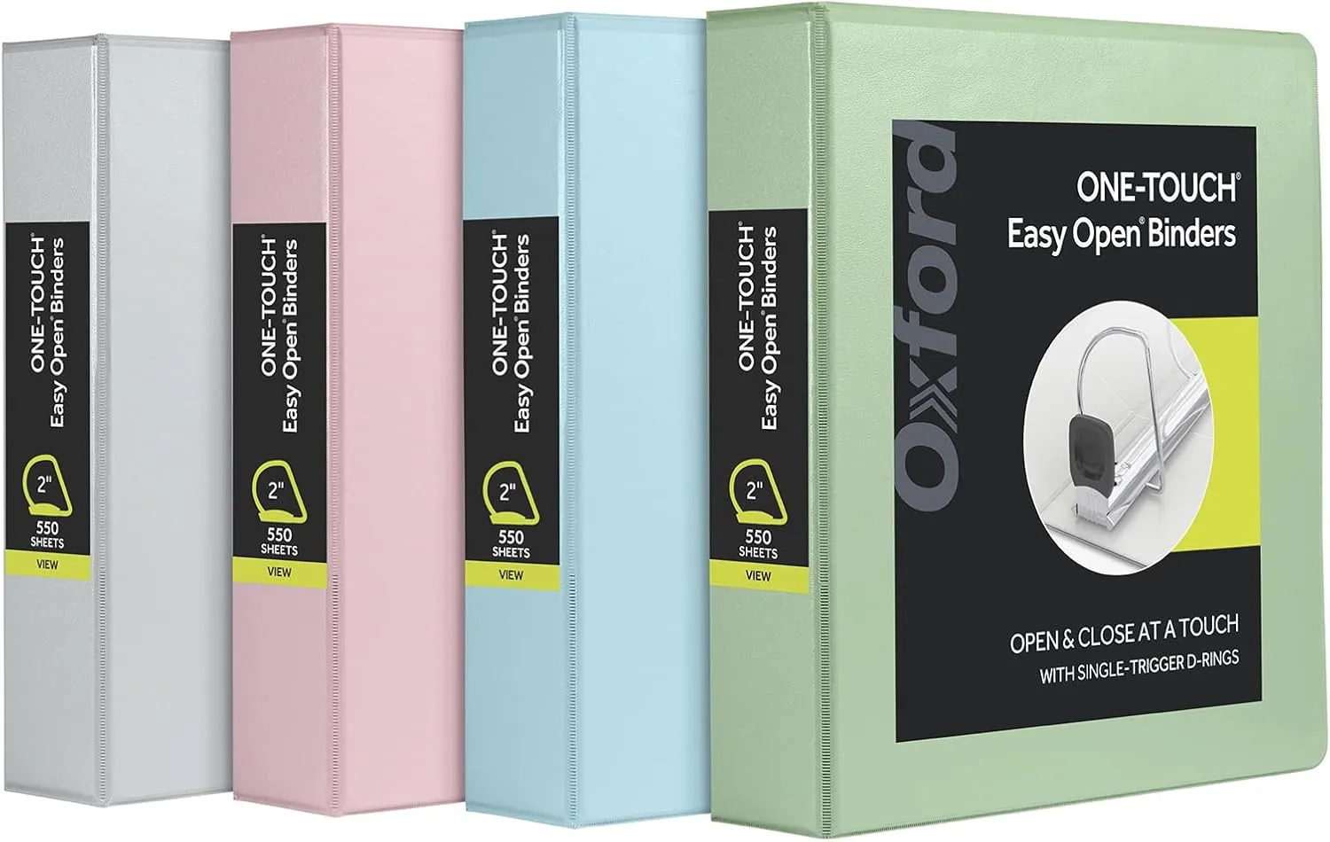 Oxford 3 Ring Binders, 2 inch ONE-Touch Easy Open D Rings, 3-Sided View Binder Covers, Binders for School, Xtralife Hinge, Non-Stick, PVC-Free, Natural Pastel, 530-Sheet Capacity, 4 Pack (79923)