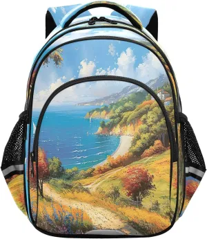 Painting Hillside Beach Landscape Kids Backpack for Girls Boys Ages 3-8, Backpack Boys Elementary School, 15 Inch