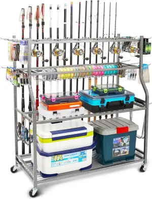 PeBro Fishing Pole Holders, Fishing Rod Holders for Garage, Fishing Rod Holder for Fishing Rod Tackle Box Reel Storage, All-In-One Fishing Rod Rack with Hooks and Wheels