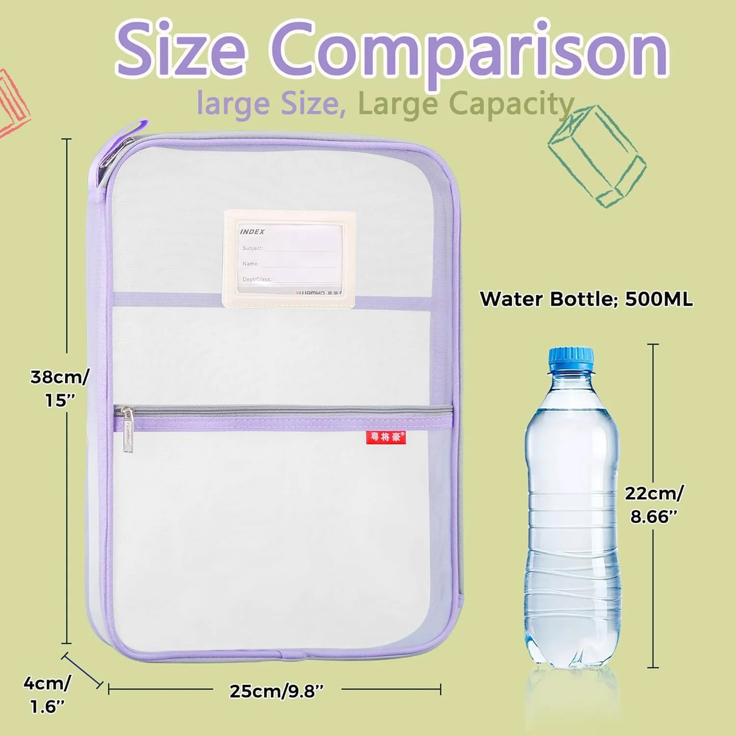 Pendancy Mesh Zipper Pouch 14.8x10.8 in Transparent Lightweight Nylon File Folders, A4 Size Multi-Layer Subject Document Organizer Accessories Storage Bag for Office and School Supplies(Purple)