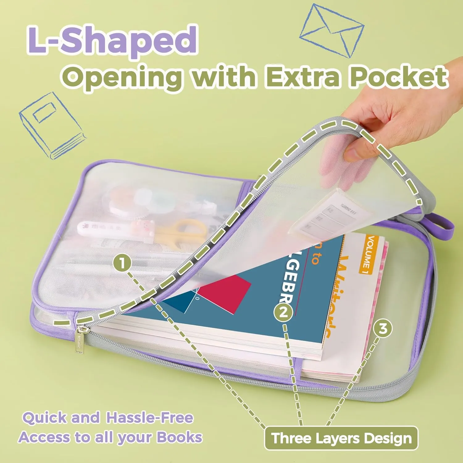 Pendancy Mesh Zipper Pouch 14.8x10.8 in Transparent Lightweight Nylon File Folders, A4 Size Multi-Layer Subject Document Organizer Accessories Storage Bag for Office and School Supplies(Purple)