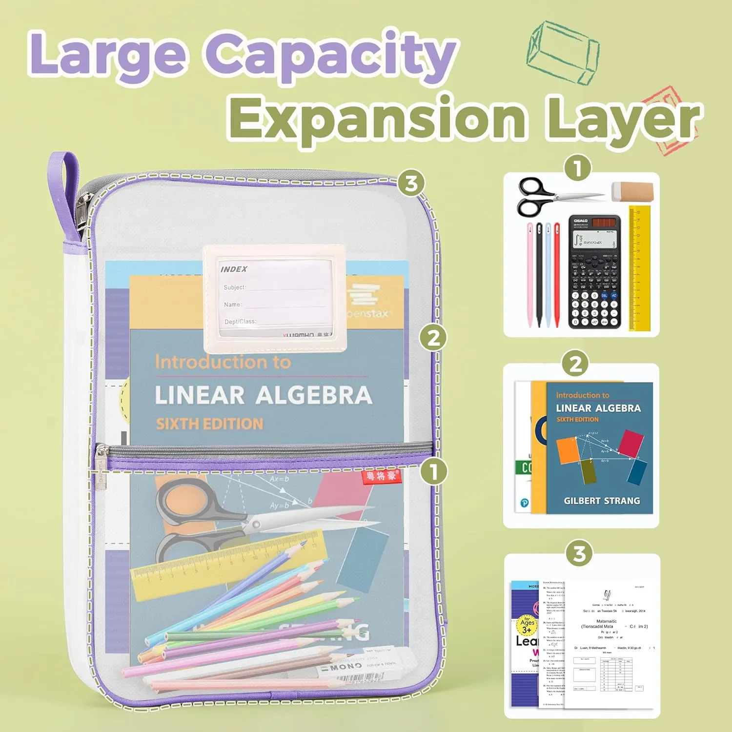 Pendancy Mesh Zipper Pouch 14.8x10.8 in Transparent Lightweight Nylon File Folders, A4 Size Multi-Layer Subject Document Organizer Accessories Storage Bag for Office and School Supplies(Purple)