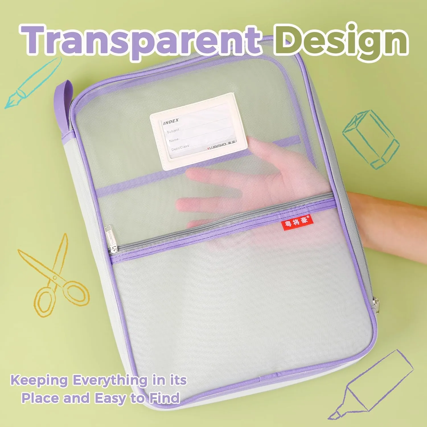 Pendancy Mesh Zipper Pouch 14.8x10.8 in Transparent Lightweight Nylon File Folders, A4 Size Multi-Layer Subject Document Organizer Accessories Storage Bag for Office and School Supplies(Purple)