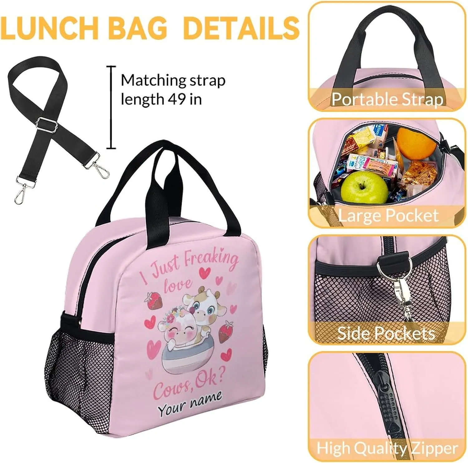 Personalized Cow Backpack with Lunch Box Set for Girls - 3 in 1 Primary Middle School Backpacks Matching Combo - Large Capacity, Durable, Lightweight, Pink Bookbag and Pencil Case Bundle