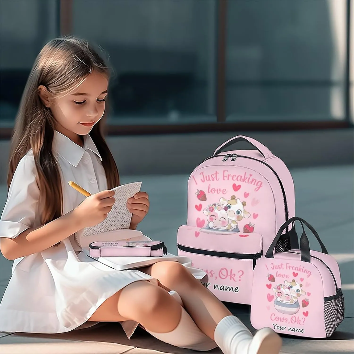 Personalized Cow Backpack with Lunch Box Set for Girls - 3 in 1 Primary Middle School Backpacks Matching Combo - Large Capacity, Durable, Lightweight, Pink Bookbag and Pencil Case Bundle