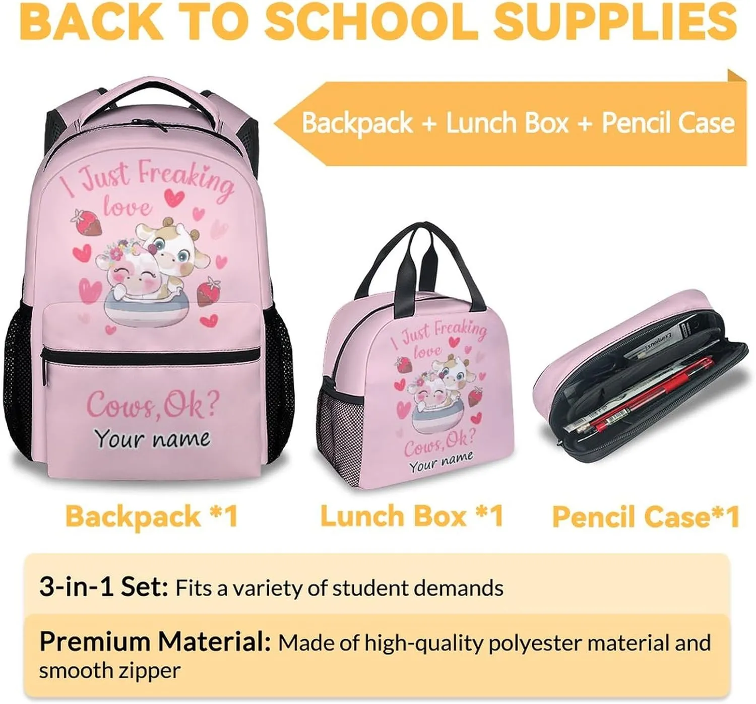 Personalized Cow Backpack with Lunch Box Set for Girls - 3 in 1 Primary Middle School Backpacks Matching Combo - Large Capacity, Durable, Lightweight, Pink Bookbag and Pencil Case Bundle