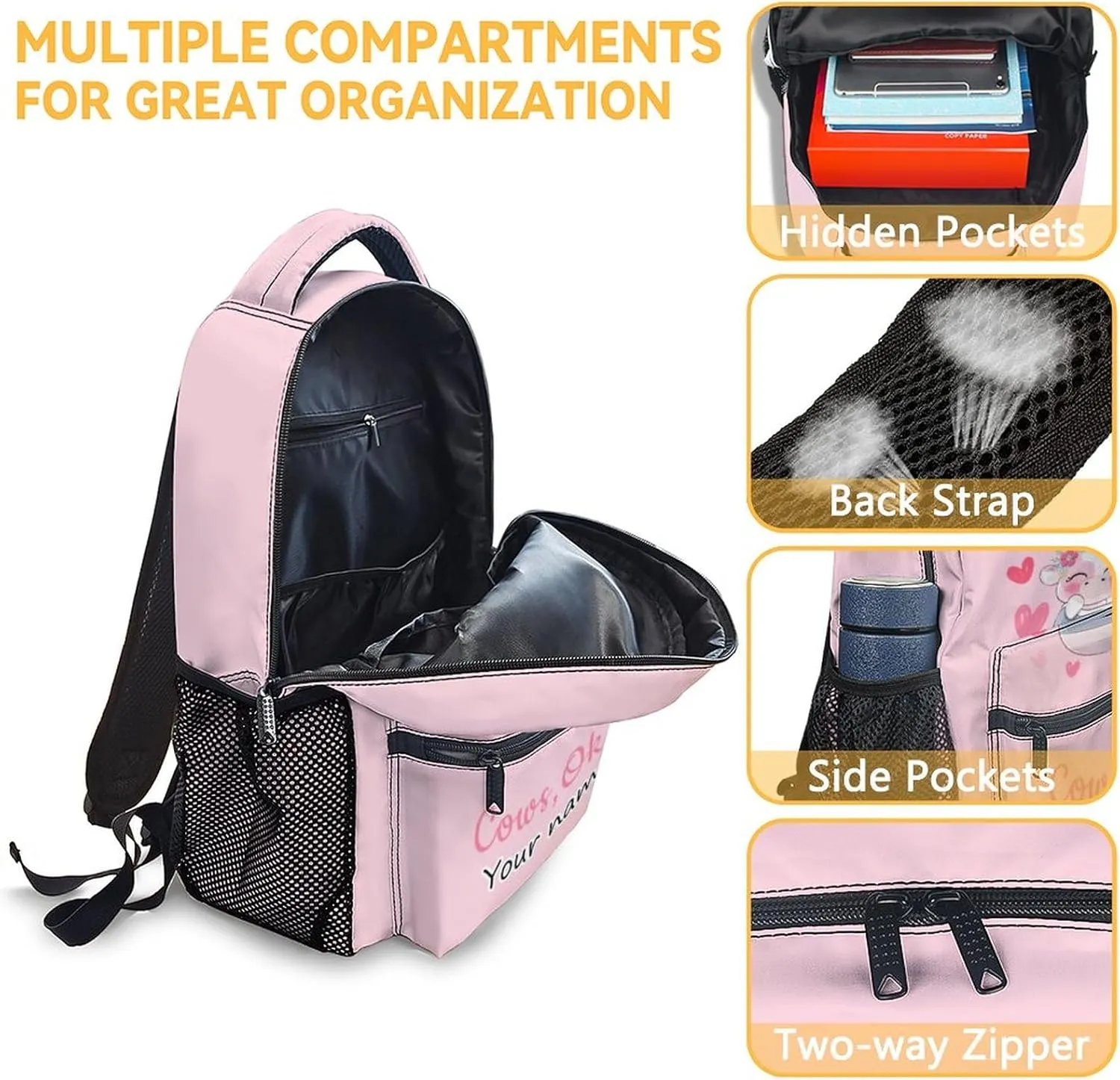 Personalized Cow Backpack with Lunch Box Set for Girls - 3 in 1 Primary Middle School Backpacks Matching Combo - Large Capacity, Durable, Lightweight, Pink Bookbag and Pencil Case Bundle