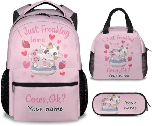 Personalized Cow Backpack with Lunch Box Set for Girls - 3 in 1 Primary Middle School Backpacks Matching Combo - Large Capacity, Durable, Lightweight, Pink Bookbag and Pencil Case Bundle