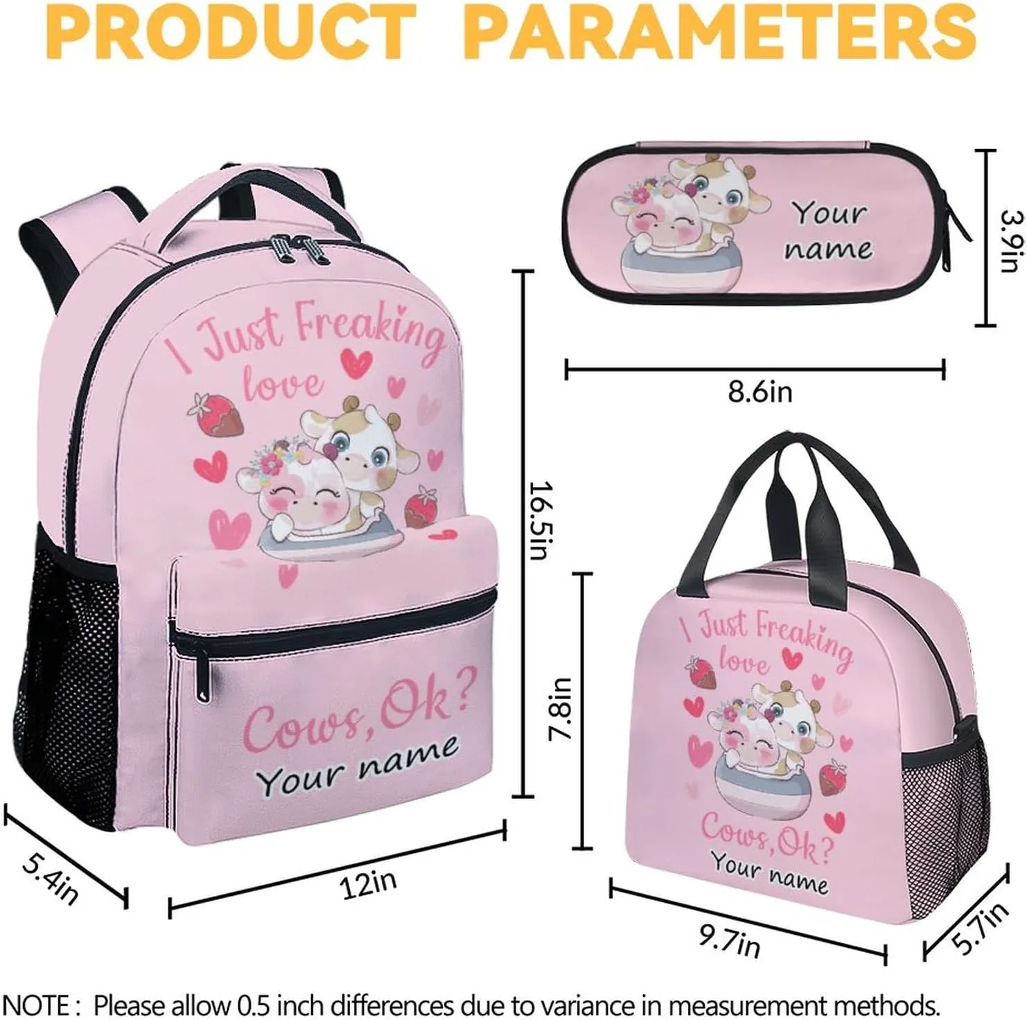Personalized Cow Backpack with Lunch Box Set for Girls - 3 in 1 Primary Middle School Backpacks Matching Combo - Large Capacity, Durable, Lightweight, Pink Bookbag and Pencil Case Bundle