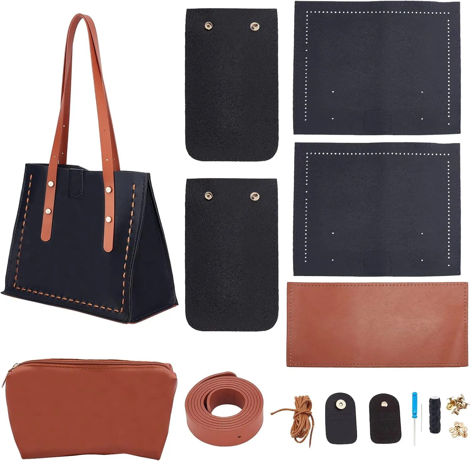 PH PandaHall DIY Leather Tote Bag Kit - Brown & Black, Large, Easy Handcraft Shoulder Bag with Organizer, Straps, Buckles, Screws & Kitting Tool for Women's Purses & Gifts