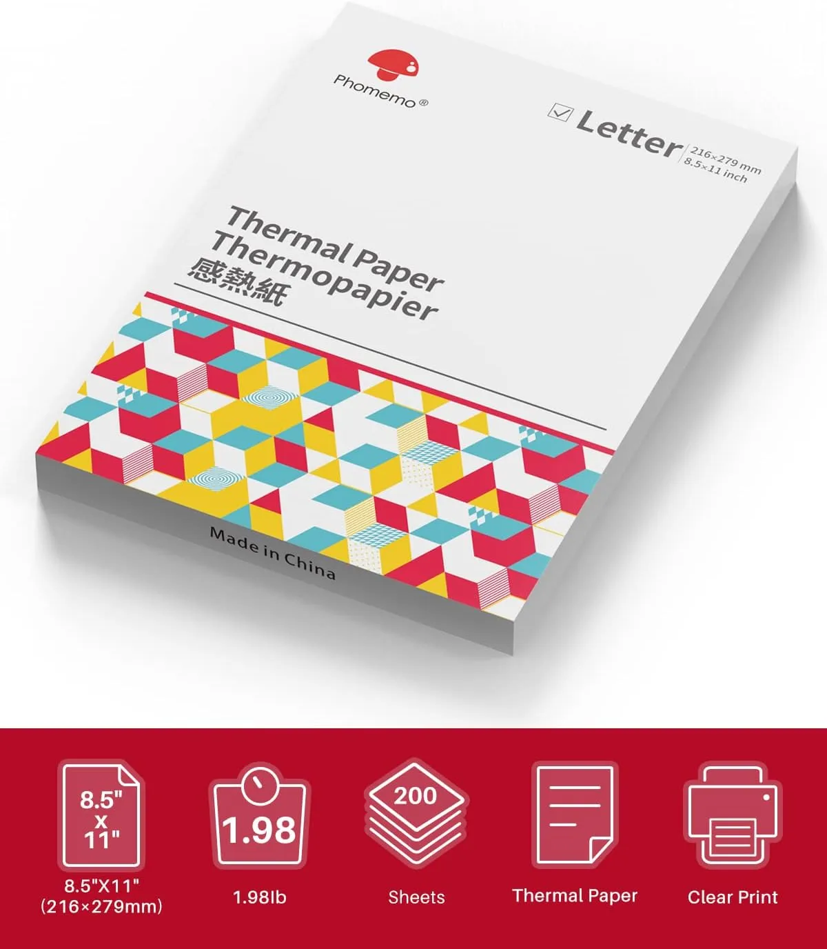 Phomemo US Letter Thermal Printer Paper, Advanced Thermal Printing, Phomemo Paper Compatible with COLORWING M08F-Letter, M832, M834, MT800/MT800Q Portable Printer, 8.5" x 11", 200 Sheets